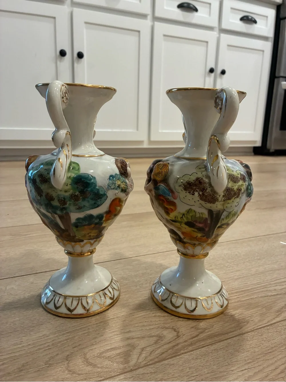 Set of 2 Keramos R. Capodimonte Italian Hand Painted Vases 9.5” Tall